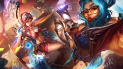 Rule 34 | 2girls, absurdres, ashe (league of legends), beach, bench, bikini, blue bikini, blue hair, breasts, cleavage, cup, dark-skinned female, dark skin, glasses, green eyes, highres, league of legends, lipstick, looking at viewer, makeup, multiple girls, navel, official alternate costume, official art, red bikini, red hair, smile, sunglasses on head, swimsuit, wet, zeri (league of legends)