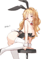 Rule 34 | 1girl, alternate costume, animal ears, black leotard, blonde hair, bow, bowtie, braid, brown eyes, commentary request, detached collar, fake animal ears, french braid, highres, kantai collection, leg up, leotard, long hair, one-hour drawing challenge, playboy bunny, rabbit ears, rabbit tail, red bow, red bowtie, simple background, solo, stool, strapless, strapless leotard, tail, tetsukuzu (yajirushi shita), thighhighs, wavy hair, white background, white thighhighs, wrist cuffs, zara (kancolle)