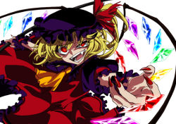 Rule 34 | 1girl, adapted costume, ascot, crazy eyes, crystal, english text, fangs, fingernails, flandre scarlet, frilled shirt collar, frilled sleeves, frills, halloween, hat, hat ribbon, karasaki, laevatein (touhou), lower teeth only, mob cap, multicolored wings, nail polish, open mouth, puffy short sleeves, puffy sleeves, red eyes, red nails, red ribbon, ribbon, sharp fingernails, sharp teeth, short hair with long locks, short sleeves, side ponytail, simple background, slit pupils, solo, teeth, touhou, uneven eyes, upper body, white background, wings, wrist cuffs, yellow ascot, yellow eyes