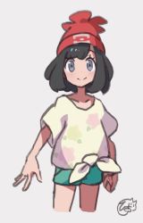 Rule 34 | 1girl, beanie, black hair, blush, closed mouth, collarbone, commentary request, creatures (company), eyelashes, floral print, game freak, green shorts, grey background, grey eyes, hat, hiisu (s-1104-d), looking at viewer, nintendo, pokemon, pokemon sm, red hat, selene (pokemon), shirt, short shorts, short sleeves, shorts, simple background, smile, solo, tied shirt