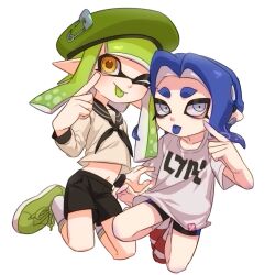 2girls ;) akanbe beret bike_shorts black_neckerchief black_sailor_collar black_shorts blue_eyes blue_hair blue_tongue closed_mouth colored_tongue earrings eyelid_pull flip-flops green_footwear green_hair green_hat green_tongue hat ikki_(gsl_9708) inkling inkling_girl inkling_player_character jewelry korean_commentary long_hair mole mole_above_eye multiple_girls navel neckerchief nintendo octoling octoling_girl octoling_player_character one_eye_closed pointy_ears red_footwear sailor_collar sailor_shirt sandals shirt shoes short_hair shorts simple_background smile socks splatoon_(series) t-shirt tentacle_hair tongue tongue_out white_background white_shirt white_socks yellow_eyes