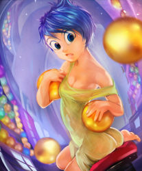 Rule 34 | 1girl, ass, ball, barefoot, blue hair, breasts, cleavage, colored skin, disney, dress, highres, inside out, joy (inside out), perspective, pixar, short dress, sitting, strap slip, thezentlion, yellow skin