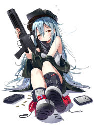 Rule 34 | 1girl, ammunition, arm up, assault rifle, bike shorts, black footwear, black shorts, blue hair, blush, boots, brown eyes, bullet, bullpup, caseless ammunition, caseless firearm, closed mouth, commentary request, flat cap, full body, g11 (girls&#039; frontline), girls&#039; frontline, green hat, green jacket, gun, h&amp;k g11, hair between eyes, half-closed eyes, hat, head tilt, highres, holding, holding gun, holding weapon, horizontal magazine, jacket, long hair, long sleeves, looking at viewer, makuran, name connection, object namesake, off shoulder, open clothes, open jacket, personification, prototype design, rifle, scope, shirt, shoe soles, short shorts, shorts, sitting, sleepy, sleeves past wrists, solo, tank top, very long hair, weapon, white background, white shirt