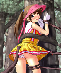 Rule 34 | 1girl, ass, bare shoulders, blue eyes, brown hair, copyright request, female focus, g yukishiro, gloves, looking at viewer, looking back, miniskirt, outdoors, panties, petite, pleated skirt, ponytail, restrained, skirt, sleeveless, solo, standing, tree, underwear, uniform, upskirt, white gloves, white panties, yellow skirt
