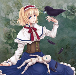 Rule 34 | 1girl, album cover, alice margatroid, animal, bird, bird on hand, blonde hair, blue eyes, bodice, capelet, corset, cover, crow, doll, doll joints, dress, eyeball, facing away, feathers, fingernails, floral background, flower, green background, hairband, hand up, joints, lolita hairband, long sleeves, mitsucho, open mouth, ribbon, rose, short hair, sitting, solo, touhou