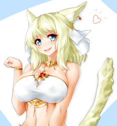 Rule 34 | 1girl, absurdres, bare shoulders, blonde hair, blue eyes, blush, bracelet, breasts, detached collar, earrings, fang, final fantasy, final fantasy xiv, gem, hair ornament, hand up, heart, highres, jewelry, large breasts, looking at viewer, minarai tenna, miqo&#039;te, navel, parted lips, paw pose, slit pupils, smile, solo, tail, upper body