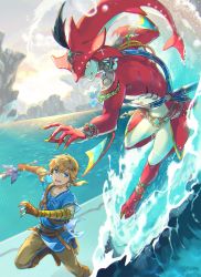 Rule 34 | 2boys, blonde hair, blue eyes, blue shirt, bracelet, colored skin, earrings, fingerless gloves, fingernails, fins, gills, gloves, head fins, highres, jewelry, lake, link, long fingernails, looking at another, master sword, multiple boys, nintendo, pointy ears, red skin, sash, sharp teeth, shiroi (shiroicbe), shirt, sidelocks, sidon, size difference, sunlight, teeth, the legend of zelda, the legend of zelda: breath of the wild, waves, yellow eyes