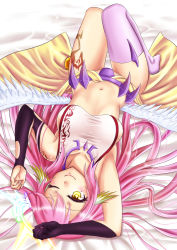 Rule 34 | 1girl, ;), angel wings, breasts, commentary request, spiked halo, crop top, cross, feathered wings, gloves, halo, jibril (no game no life), large breasts, long hair, low wings, lying, magic circle, midriff, mizunashi hayate, navel, no game no life, on back, one eye closed, pink hair, purple thighhighs, sideboob, smile, solo, symbol-shaped pupils, tattoo, thighhighs, white wings, wing ears, wings, yellow eyes