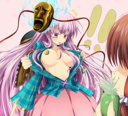 Rule 34 | !, !!, 3girls, ^^^, assisted exposure, blush, bow, breasts, breasts apart, brown hair, buttons, censored, censored nipples, convenient censoring, cup, desukingu, enel, g (genesis1556), green tea, hair bow, hair tubes, hakurei reimu, hat, hata no kokoro, komeiji koishi, long hair, mask, multiple girls, no bra, one piece, open mouth, pink eyes, pink hair, plaid, plaid shirt, shaded face, shirt, short hair, simple background, skirt, spit take, spitting, surprised, tea, teacup, touhou, unbuttoned, undressing, yunomi