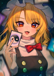 Rule 34 | 100th black market, 1girl, absurdres, black hat, black vest, blonde hair, blush, buttons, card, hat, highres, holding, holding card, kirisame marisa, long hair, multicolored buttons, open mouth, puffy short sleeves, puffy sleeves, qiu ju, red eyes, shirt, short sleeves, smile, solo, touhou, upper body, vest, white shirt, witch hat