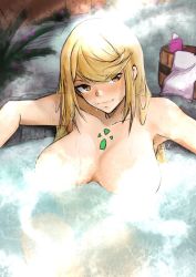 Rule 34 | 1girl, barrel, blonde hair, blush, breasts, breasts apart, cleavage, convenient censoring, gem, jewelry, large breasts, long hair, looking at viewer, mythra (xenoblade), nintendo, nude, onsen, outstretched arms, plant, rock, solo, spread arms, steam, steam censor, swept bangs, towel, vialnite, water, wet, xenoblade chronicles (series), xenoblade chronicles 2