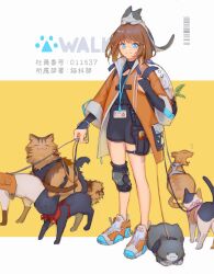 Rule 34 | 1girl, animal, animal on head, aqua eyes, asymmetrical legwear, backpack, bag, barcode, bridal gauntlets, brown hair, cat, closed mouth, coat, dddagneo, full body, highres, holding, holding leash, holster, knee pads, lanyard, leash, long sleeves, looking at viewer, medium hair, multiple cats, on head, orange coat, original, shoes, single knee pad, smile, sneakers, solo, thigh holster, yellow background