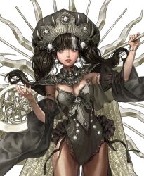 Rule 34 | 1girl, black hair, black pantyhose, bracelet, breasts, cape, choker, cleavage, commentary, cowboy shot, detached sleeves, earrings, english commentary, frilled leotard, frills, grey headwear, hands up, heo sung-moo, highres, holding, jewelry, large hat, leotard, licking lips, lip piercing, lip ring, long hair, looking at viewer, medium breasts, mole, mole on breast, multicolored hair, nose piercing, original, pantyhose, parted lips, pearl bracelet, piercing, simple background, skull earrings, solo, streaked hair, teeth, tongue, tongue out, twintails, upper teeth only, white background, white hair, wide-eyed, wide sleeves, yellow eyes