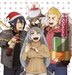 Rule 34 | 1girl, 2boys, amajiki tamaki, animal ears, antlers, black hair, black shirt, blazer, blonde hair, blue eyes, boku no hero academia, bottle, bow, box, cake, candle, christmas, confetti, excited, fake animal ears, fake antlers, food, fruit, fur-trimmed headwear, fur trim, gift, gift box, grey hair, grin, hadou nejire, hair between eyes, hat, highres, holding, holding sack, hood, hoodie, horns, jacket, knit sweater, letterman jacket, long hair, looking at another, mahoubin (totemo hot dayo), medium hair, multiple boys, open mouth, pants, party popper, patterned background, pointy ears, quiff, reindeer antlers, ribbon, sack, santa hat, shirt, signature, smile, star (symbol), star print, straight-on, strawberry, sweater, togata mirio, turtleneck, turtleneck sweater, very long hair, wine bottle