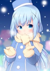 Rule 34 | 1girl, absurdres, blue eyes, blue hair, blue hat, blurry, blurry background, brown mittens, brown scarf, chestnut mouth, commentary request, depth of field, gochuumon wa usagi desu ka?, hair ornament, hat, highres, kafuu chino, long hair, long sleeves, looking at viewer, mittens, parted lips, sasakura momiji, scarf, snowing, solo, tilted headwear, upper body, very long hair, x hair ornament
