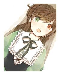 Rule 34 | 1girl, black corset, black ribbon, blush, brown hair, collared dress, commentary request, corset, dress, dutch angle, frilled shirt collar, frills, green dress, green eyes, heterochromia, lace, lolita fashion, long hair, looking at viewer, medium bangs, neck ribbon, open mouth, orange eyes, renrennisiteageru, ribbon, rozen maiden, simple background, solo, suiseiseki, tearing up, transparent background, upper body