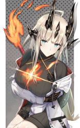 Rule 34 | 1girl, ahoge, arknights, black gloves, blue eyes, breasts, dragon horns, dragon tail, flame-tipped tail, gloves, highres, holding own arm, horns, jacket, large breasts, long hair, platinum blonde hair, reed (arknights), ribbed sweater, sweater, tail, flame-tipped tail, white jacket