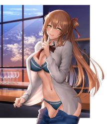 Rule 34 | bar (place), blue bra, blue panties, bra, brown hair, collared shirt, cup, drinking glass, finger to mouth, girls&#039; frontline, green eyes, navel, open clothes, open shirt, panties, shirt, shoukaki (earthean), shushing, smile, solo, springfield (girls&#039; frontline), underwear, undressing, wine glass