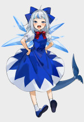 Rule 34 | 1girl, blue dress, blue eyes, blue hair, blunt bangs, cirno, cirno (cosplay), cosplay, dress, fins, fish tail, gawr gura, gotou (nekocat), hair ornament, hands on own hips, highres, hololive, hololive english, ice, ice wings, medium hair, multicolored hair, pinafore dress, puffy short sleeves, puffy sleeves, shark girl, shark hair ornament, shark tail, sharp teeth, short sleeves, silver hair, sleeveless dress, solo, streaked hair, tail, teeth, touhou, two side up, virtual youtuber, wings