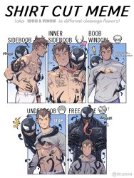 Rule 34 | !, 2boys, abs, alternate costume, arm tattoo, bara, bare pectorals, blush, chest tattoo, cleavage cutout, clothes lift, clothing cutout, eddie brock, facial hair, giant, giant male, heart, highres, hood, hoodie, kalamari, large pectorals, lifting another&#039;s clothes, long sideburns, long tongue, male focus, marvel, mature male, meme, monster boy, multiple boys, multiple drawing challenge, muscular, muscular male, navel, navel hair, nipples, pectoral cleavage, pectorals, saliva, sexually suggestive, sharp teeth, shirt cut meme, shirt lift, short hair, sideburns, size difference, slime boy, stomach, stubble, sweatdrop, sweater, tattoo, teeth, tongue, topless male, upper body, venom (marvel), white hoodie, white sweater, yaoi