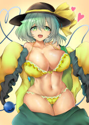 Rule 34 | 1girl, absurdres, black hairband, black headwear, bra, breasts, cleavage, commentary request, green eyes, green hair, hairband, hat, hat ribbon, heart, heart of string, highres, komeiji koishi, large breasts, navel, open clothes, open mouth, open shirt, orange background, panties, pink hair, poke200, ribbon, shirt, short hair, solo, third eye, touhou, underwear, variant set, yellow bra, yellow panties, yellow ribbon, yellow shirt