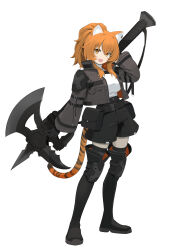 Rule 34 | 1girl, :d, animal ears, axe, black footwear, black gloves, black shorts, boots, breasts, brown eyes, commentary request, full body, gloves, grey jacket, hair between eyes, highres, holding, holding axe, jacket, long sleeves, looking at viewer, medium breasts, open clothes, open jacket, open mouth, orange hair, original, ponytail, shirt, short shorts, shorts, simple background, smile, solo, standing, striped tail, tail, thigh boots, wasabi60, white background, white shirt, wide sleeves