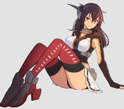 Rule 34 | 1girl, black gloves, black hair, breasts, brown eyes, closed mouth, elbow gloves, fingerless gloves, full body, gloves, grey background, hair between eyes, headgear, kantai collection, kasumi (skchkko), large breasts, long hair, nagato (kancolle), pleated skirt, red thighhighs, rudder footwear, simple background, skirt, smile, solo, thighhighs, white skirt
