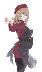 Rule 34 | 1girl, absurdres, ammunition belt, apron, arcadia25, arm behind back, beret, black apron, black pantyhose, blonde hair, blue eyes, breasts, closed mouth, cookie, dress, feet out of frame, food, from side, girls&#039; frontline, hat, highres, holding, holding cookie, holding food, lips, looking at viewer, medium breasts, medium hair, official alternate costume, pantyhose, px4 storm (girls&#039; frontline), px4 storm (queen of x&#039;mas morning) (girls&#039; frontline), red sweater, solo, standing, sweater, sweater dress, waist apron, white background