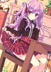 Rule 34 | 1girl, brown eyes, chair, clothes pull, desk, long hair, looking at viewer, original, parted lips, plaid, plaid skirt, pleated skirt, purple hair, shiromochi sakura, side ponytail, sitting, skirt, skirt pull, solo