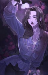 Rule 34 | 1boy, alcohol, arm support, black pants, blue eyes, bottle, brown hair, bush, center frills, cloud, cowboy shot, curly hair, fangs, flower, frilled shirt, frilled sleeves, frills, full moon, hair over shoulder, highres, holding, holding bottle, identity v, jewelry, joseph desaulniers, joseph desaulniers (hangover), liquid from mouth, long hair, long sleeves, looking at viewer, male focus, mellowone, moon, necklace, night, official alternate costume, open mouth, pants, parted bangs, pearl necklace, pink flower, pink rose, plunging neckline, pouring, red wine, rose, rose bush, shirt, solo, stained clothes, white shirt, wine, wine bottle