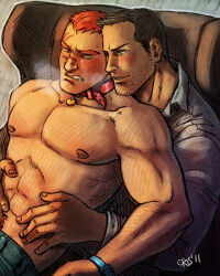 Rule 34 | 2boys, abs, bara, belt collar, black hair, blonde hair, breath, character request, clenched teeth, collar, collared shirt, couple, cris art, denim, facial hair, feeling muscles, head on another&#039;s shoulder, heads together, jeans, large pectorals, looking at another, lying on person, male focus, marvel, mature male, multiple boys, muscular, muscular male, navel, navel hair, orange hair, pants, pectorals, scar, scar on face, scar on forehead, scar on nose, shirt, short hair, sideburns, sideburns stubble, smile, sparse stubble, stubble, teeth, thick eyebrows, topless male, watch, wristwatch, yaoi