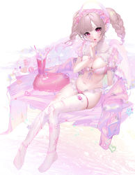 Rule 34 | 1girl, angel wings, bandaid, barefoot, bite mark, blood, bow, braid, breasts, cleavage, cleavage cutout, clothing cutout, crazy straw, drink, drinking straw, ear piercing, flower, food, frilled panties, frills, glitter, gradient hair, gummy bear, hair undone, halo, hand on own chin, heart, heart-shaped pillow, heart straw, hexagram, highres, iridescent, jacket, unworn jacket, knife, light brown hair, lipstick, maid headdress, makeup, marshmallow, mole, mole on breast, multicolored hair, nail art, navel, original, panties, piercing, pill, pillow, pink eyes, puffy short sleeves, puffy sleeves, ribbon, rose, scar, short sleeves, sidelocks, sitting, skindentation, star (symbol), star of david, stitches, string panties, thighhighs, turtleneck, twin braids, underwear, unxi, wings, wrist cuffs