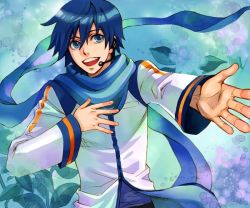 Rule 34 | 1boy, blue eyes, blue hair, blue scarf, blue theme, headset, jpeg artifacts, kaito (vocaloid), leaf, male focus, matching hair/eyes, microphone, open mouth, saho, scarf, solo, vocaloid