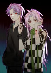 Rule 34 | 2boys, absurdres, arm up, bandaged neck, bandages, black hoodie, boxcutter, checkered clothes, checkered shirt, commentary, earrings, green scarf, hatsutori hajime, highres, holding, holding another&#039;s arm, holding boxcutter, hood, hood down, hoodie, jewelry, kyoko (akakikyoko), long hair, male focus, multiple boys, parted bangs, parted lips, pink hair, purple hair, red eyes, saibou shinkyoku, scarf, self-harm, shirt, short hair, sparkle, symbol-only commentary, wrist cutting