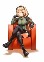 Rule 34 | 1girl, akiyama yoko, ankle boots, armchair, black footwear, black gloves, black thighhighs, blonde hair, blush, boots, breasts, chair, closed mouth, cross-laced footwear, crossed legs, fingerless gloves, full body, gloves, goggles, goggles on head, lace-up boots, large breasts, long hair, long sleeves, looking at viewer, official art, pale skin, pink eyes, pouch, saguri-chan tankentai, shinobima saguri, side ponytail, simple background, sitting, smile, solo, thighhighs, white background