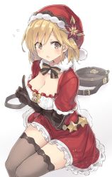 Rule 34 | 10s, 1girl, a (nanananaaannaa), bad id, bad twitter id, bag, belt, black thighhighs, blonde hair, blush, bow, bowtie, breasts, brown bow, brown bowtie, brown eyes, cleavage, djeeta (granblue fantasy), dress, flying sweatdrops, frilled dress, frills, fur collar, fur trim, granblue fantasy, hand up, hat, large breasts, legs together, looking at viewer, open mouth, pointing, pointing up, red dress, santa costume, santa hat, simple background, sitting, solo, star (symbol), striped bow, striped bowtie, striped clothes, striped neckwear, sweatdrop, thighhighs, thighs, white background, zettai ryouiki