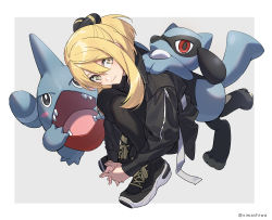 Rule 34 | 1girl, aged down, asymmetrical hair, black footwear, black jacket, black pantyhose, blonde hair, closed mouth, creatures (company), cynthia (pokemon), fingers together, from above, game freak, gen 4 pokemon, gible, grey eyes, hair ornament, highres, jacket, looking at viewer, looking up, nintendo, own hands together, pantyhose, pokemon, pokemon (creature), pokemon dppt, riolu, shoes, smile, sneakers, squatting, xia (ryugo)