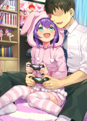 Rule 34 | 1boy, 1girl, :d, blurry, blurry background, blush, bookshelf, carpet, controller, faceless, faceless male, figure, formal, game controller, green eyes, highres, hood, hoodie, idolmaster, idolmaster million live!, indoors, looking at another, mochizuki anna, on floor, open mouth, pink hoodie, pink shorts, producer (idolmaster), purple hair, shennai misha, shorts, sitting, sleeves pushed up, smile, spread legs, striped clothes, striped thighhighs, thighhighs