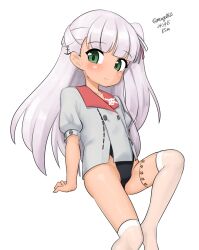 Rule 34 | 1girl, absurdres, black one-piece swimsuit, coat, cosplay, dated, drum (kancolle), drum (kancolle) (cosplay), feet out of frame, green eyes, grey coat, grey hair, highleg, highleg swimsuit, highres, invisible chair, kantai collection, long hair, maestrale (kancolle), maru (marg0613), one-hour drawing challenge, one-piece swimsuit, one side up, simple background, sitting, skull print, solo, swimsuit, thigh strap, thighhighs, twitter username, white background, white thighhighs