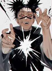 Rule 34 | 1boy, black hair, black scarf, choso (jujutsu kaisen), facial tattoo, hands up, highres, jujutsu kaisen, looking down, male focus, mirin (coene65), open hand, open mouth, red eyes, robe, scarf, short hair, short twintails, simple background, solo, tattoo, teeth, tsurime, twintails, upper body, white background, white robe