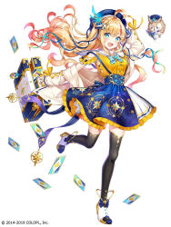 Rule 34 | 1girl, bird, black thighhighs, blonde hair, blue bow, blue hat, blue ribbon, blue skirt, bow, card, dated, full body, gold trim, gradient hair, hair ornament, hat, jacket, multicolored hair, official art, owl, pink hair, red hair, ribbon, sakura shiori, shironeko project, simple background, skirt, smile, solo, standing, standing on one leg, streaked hair, suitcase, thighhighs, white background, white jacket