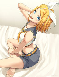 Rule 34 | 1girl, barefoot, blonde hair, blouse, blue eyes, bow, breasts, fang, feet, hair bow, highres, indian style, kagamine rin, looking at viewer, looking up, nokuhashi, number tattoo, sailor collar, shirt, shoulder tattoo, sitting, sleeveless, sleeveless shirt, small breasts, soles, tattoo, treble clef, vocaloid