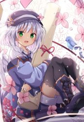 Rule 34 | 1girl, bird, black hat, black thighhighs, blue footwear, blue jacket, blush, boots, character request, commentary request, copyright request, flower, green eyes, grey hair, happy, hat, highres, holding, jacket, kure~pu, long sleeves, looking at viewer, mini wings, off shoulder, oshirase-chan (kure~pu), pink flower, short hair, solo, thighhighs, white wings, wings