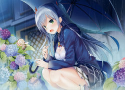 Rule 34 | 1girl, :d, absurdres, animal, ankle boots, bare legs, black footwear, blue hair, blue jacket, blue ribbon, blue umbrella, blush, boots, breasts, cleavage, copyright request, day, dutch angle, fingernails, flower, green eyes, grey skirt, hair ribbon, highres, holding, holding umbrella, hydrangea, jacket, kakao (chocolate land), leaf, legs together, long hair, open mouth, outdoors, plaid, plaid skirt, plant, pleated skirt, rain, ribbon, see-through, shirt, skirt, smile, snail, socks, solo, squatting, tsurime, umbrella, very long hair, water, wet, wet clothes, wet shirt, white shirt, white socks