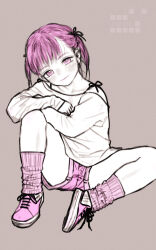 Rule 34 | 1girl, bare shoulders, brown background, circle name, closed mouth, greyscale with colored background, hair ribbon, halftone, head tilt, highres, knee up, leg warmers, long sleeves, looking at viewer, monochrome, off-shoulder shirt, off shoulder, original, pink eyes, pink footwear, pink hair, pink leg warmers, pink shorts, ribbed legwear, ribbon, rustle, shirt, shoelaces, shoes, short hair, short shorts, shorts, simple background, sitting, solo, spot color, spread legs, twintails