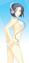 Rule 34 | 1girl, ass, bandeau bikini, blue hair, breasts, butt crack, covered erect nipples, dasoku sentarou, digital media player, headphones, ipod, object in clothes, object in swimsuit, original, sideboob, slingshot swimsuit, solo, standing, swimsuit, yellow eyes