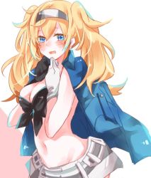 Rule 34 | 1girl, bad id, bad twitter id, belt, blonde hair, blue eyes, blue shirt, blush, breasts, cleavage, collared shirt, cowboy shot, front-tie top, gambier bay (kancolle), gloves, hair between eyes, hairband, kantai collection, large breasts, long hair, looking at viewer, multicolored clothes, navel, open clothes, open mouth, open shirt, saiko (saisaka), shirt, shorts, twintails