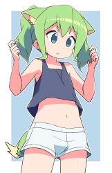 Rule 34 | 1girl, animal ear fluff, animal ears, bare arms, bare shoulders, black tank top, blue background, blush, cowboy shot, green eyes, green hair, hair between eyes, hands up, highres, midriff, navel, original, parted lips, roku no hito, short shorts, shorts, solo, standing, tail, tank top, twintails, two-tone background, white background, white shorts