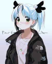 Rule 34 | :&lt;, bad id, bad source, bad twitter id, black jacket, blue hair, character name, green eyes, hair ornament, highres, jacket, jewelry, original, parfait (unxi), parted bangs, safety pin, sketch, solo, the north face, twintails, unxi