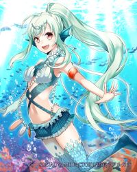 Rule 34 | 1girl, :d, air bubble, brown eyes, bubble, fang, fins, fish, green hair, hair ornament, head fins, in water, long hair, looking at viewer, navel, official art, open mouth, original, ponytail, seikon no arcana, smile, solo, submerged, underwater, yuzuki kihiro